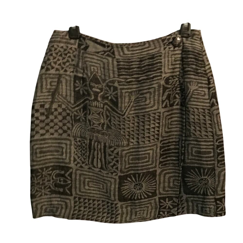 The Limited Wrap Skirt  Large Graphic Alien African Print Button Closure Black